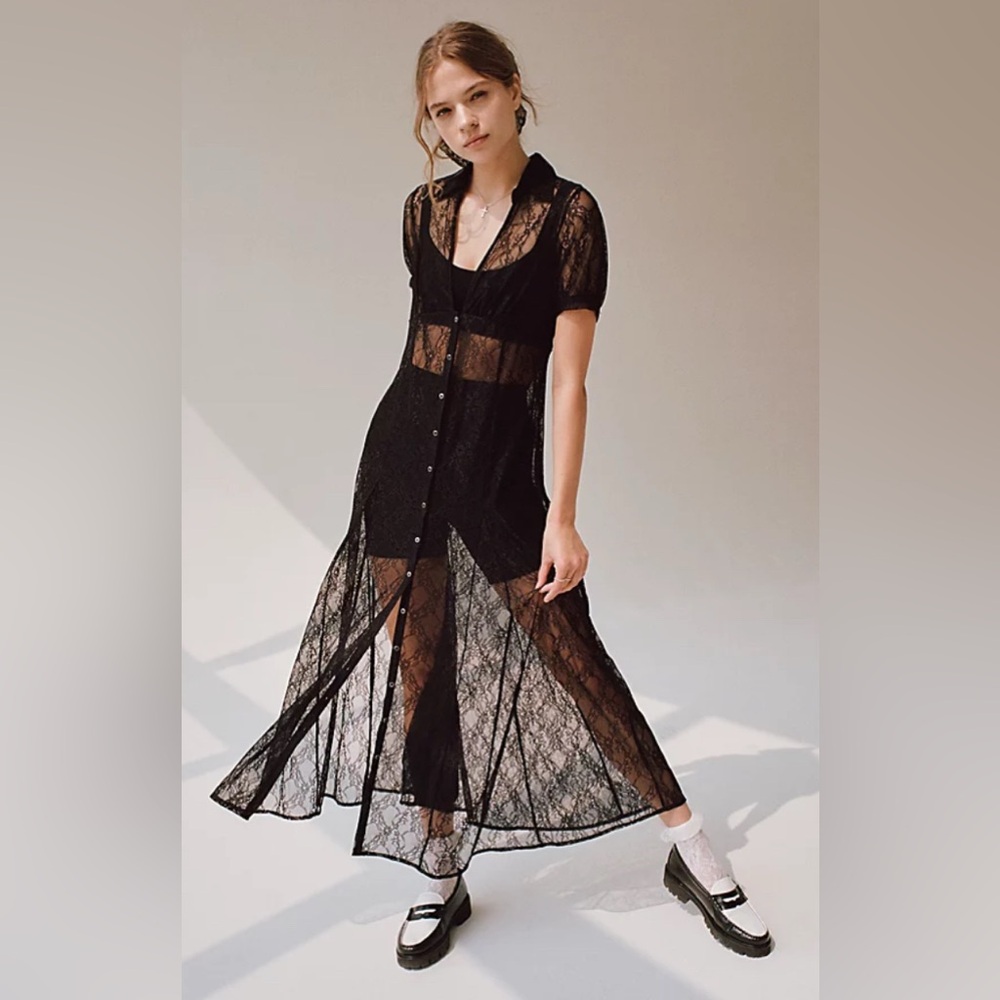 Urban Outfitters Uo Connie Sheer Lace Midi Dress Black Lace Button-Down Dress